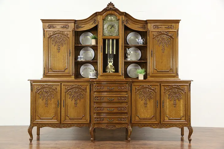 Country French Vintage 8' 8" Oak Sideboard, Bar & China Cabinet, Clock