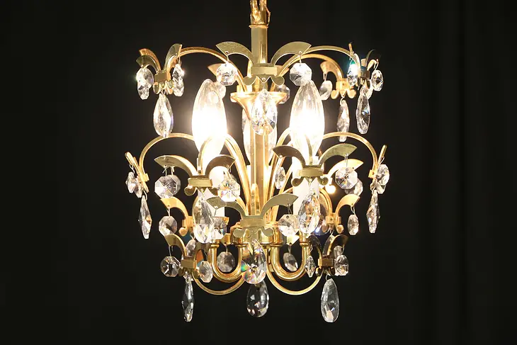 Hall or Bath Size Gold 3 Light Vintage Chandelier, Cut Crystal Prisms, Sciolari