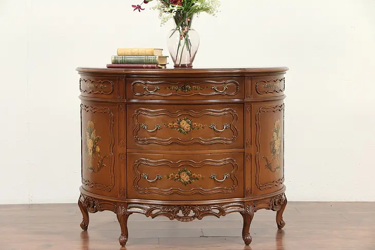 Half Round Demilune Vintage Sideboard, Hall Console Cabinet, Hand Painted #29539