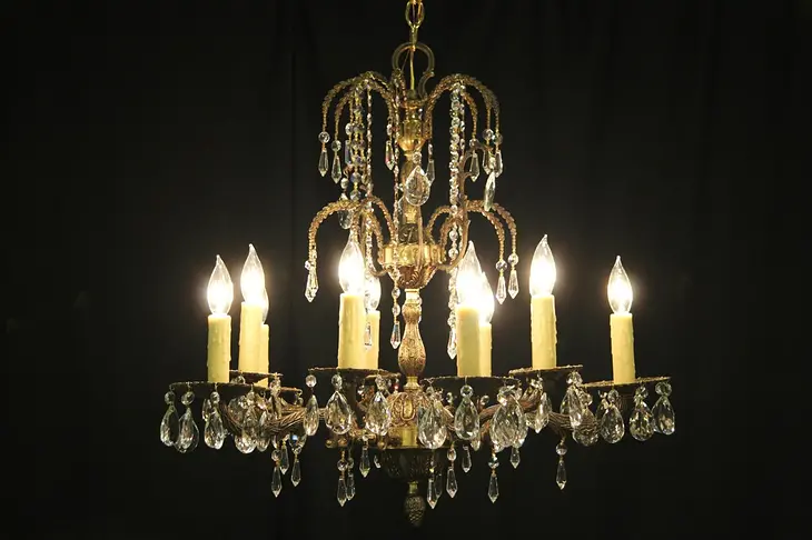 Brass & Cut Crystal 10 Light Vintage Chandelier