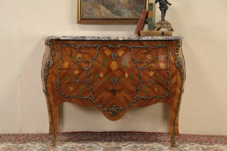 French Marble Top French Bombe Marquetry Chest, Commode or Dresser