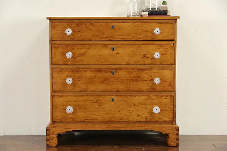 Country Pine 1820 Antique New England Chest or Dresser, Sandwich Glass Pulls