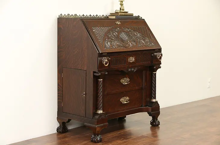 Oak Carved 1890 Antique Secretary Desk, Secret Compartments, Spiral Columns