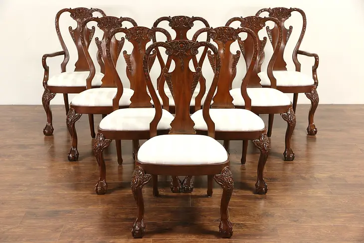 Set of 8 Vintage Carved Mahogany Dining Chairs, Upholstered Seats