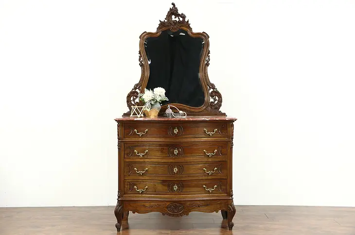 French Carved Walnut 1900 Antique Chest or Dresser, Marble & Mirror