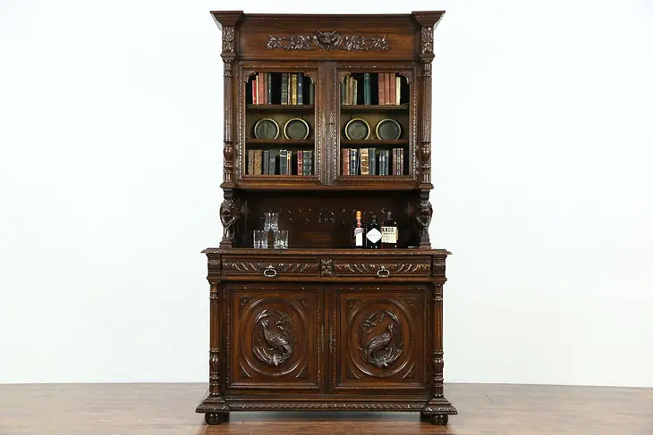 Black Forest Antique Oak China Cabinet or Bookcase, Carved Lions & Birds