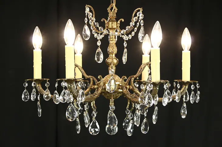 Gold Plated Brass 6 Beeswax Candle Vintage Chandelier, Cut Crystal Prisms & Ball