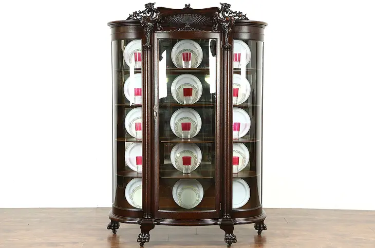 Oak 1900 Curved Glass Curio China Display Cabinet, Carved Griffins, Paw Feet