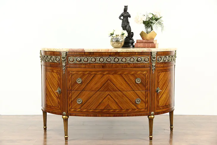 Rosewood Marble Top Vintage Demilune Console Cabinet or Chest, Signed Italy