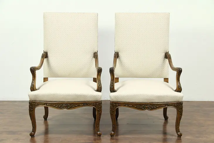 Pair 1930's Large Vintage Carved Upholstered Chairs, France