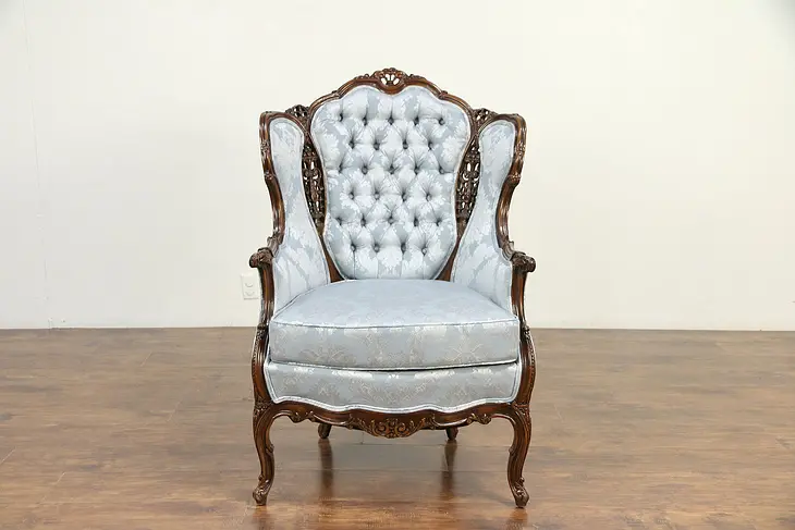 French Style Carved Vintage Wing Chair, New Upholstery #30147