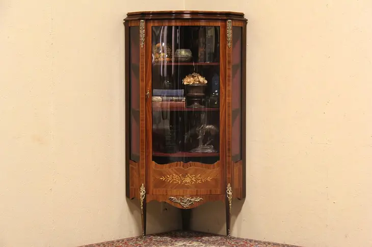 Scandinavian Marquetry Curved Glass Corner China Curio Display Cabinet
