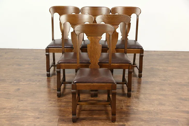 Set of 6 Quarter Sawn Oak 1900 Antique Empire Dining Chairs, New Leather, Signed