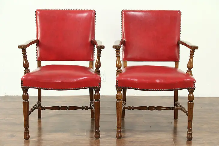 Pair of Carved Antique Walnut Office or Library Chairs, Red Faux Leather