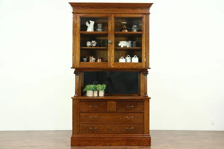 Oak Antique China Cabinet, Server, Pantry Cupboard, Mirror & Columns #28733