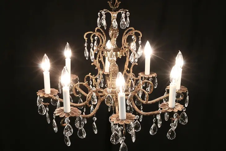 Chandelier, Vintage 8 Candles, Embossed Dark Brass, Cut Prisms #30036