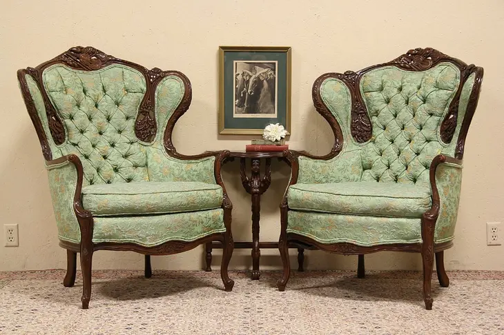 Pair Carved 1940's Music Room Wing Chairs