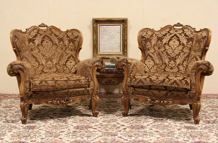 Pair of Carved Italian Baroque 1940 Vintage Wing Chairs
