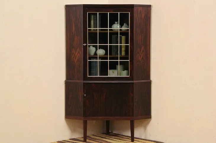 Midcentury Danish Modern 1960 Vintage Rosewood Corner Cabinet, Leaded Glass