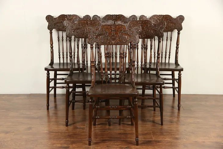 Set of 6 Antique 1900's North Wind Carved Pressback Dining Chairs