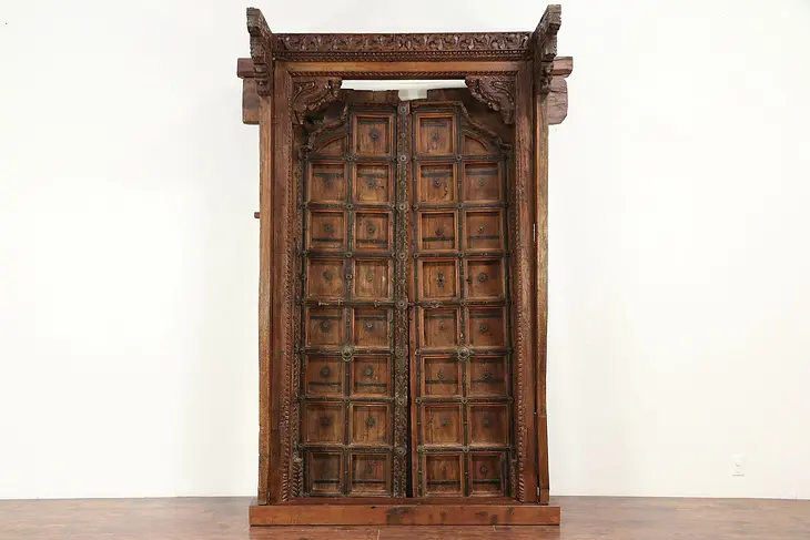 Teak Antique Architectural Salvage Entryway, Doors & Frame, Locks, India #29310