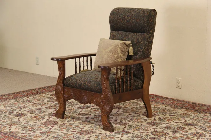 Morris Chair, 1900 Antique Oak Adjustable Recliner, Green Upholstery