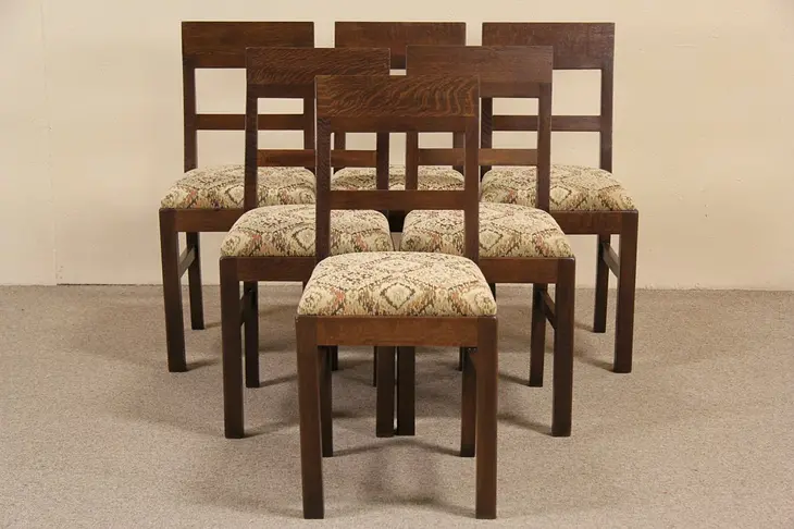 Set of 6 Arts & Crafts Mission Oak Dining Chairs, Newly Upholstered