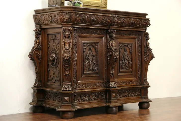Renaissance Carved Oak 1700's French Cabinet or Sideboard, Lions, Figures
