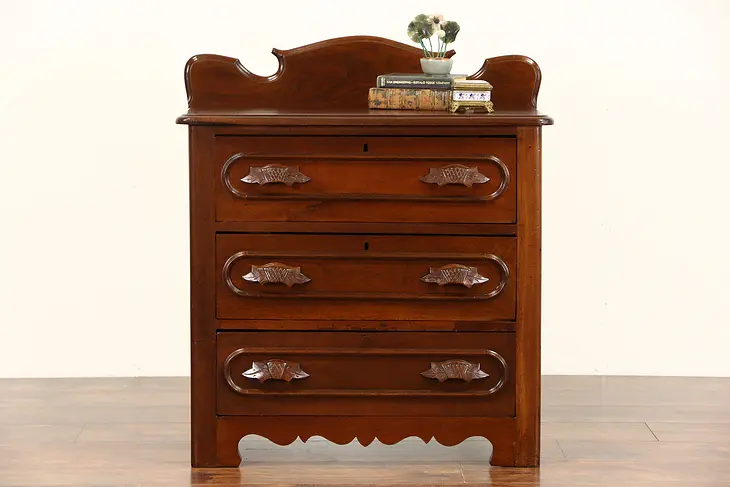 Victorian Carved 1875 Antique Walnut 3 Drawer Small Chest or Nightstand
