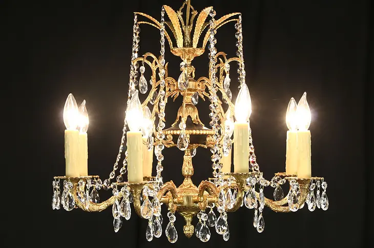 Regency Gold Plated 8 Candle Vintage Chandelier, European Cut Prisms