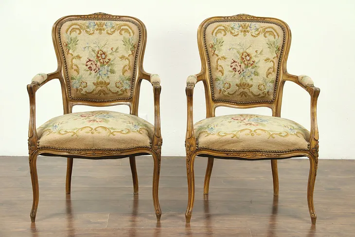 Pair of Carved French 1925 Antique Chairs, Needlepoint Upholstery