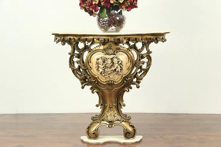Baroque Marble Vintage Hall Console Table, Cherub Sculptures, Italy #29042