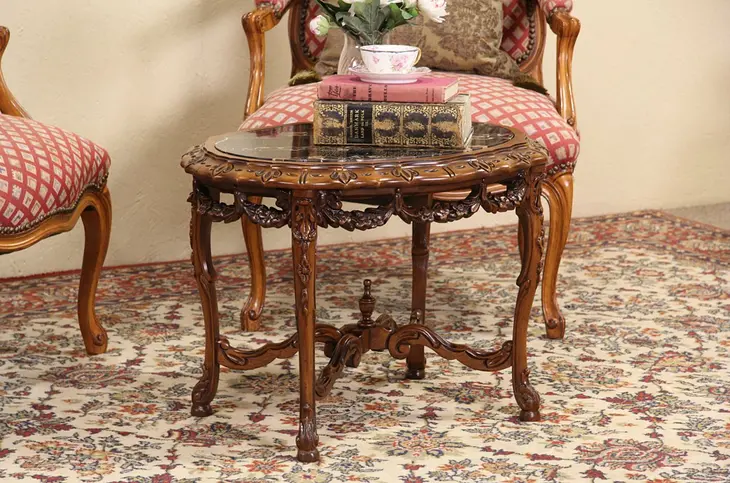 Carved 1925 Coffee, Cocktail or Chairside Table, Black Marble Top