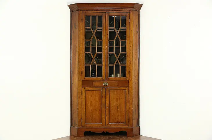 Walnut Antique 1850's Ohio Corner Cupboard or Cabinet, Wavy Glass Panes