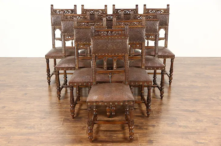 Italian Set of 10 Carved Antique 1890 Dining Chairs, Original Tooled Leather