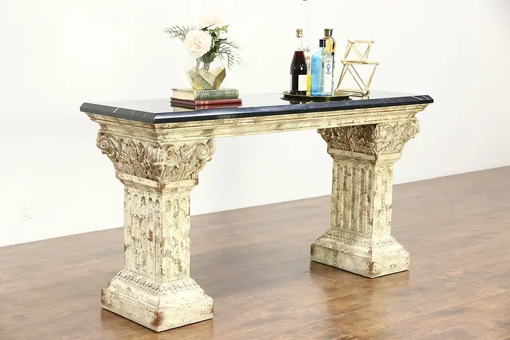 Marble Top Hall Console or Sofa Table, Classical Faux Stone Base
