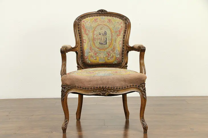 French Antique Carved Fruitwood Chair, Old Needlepoint & Petit Point #31855