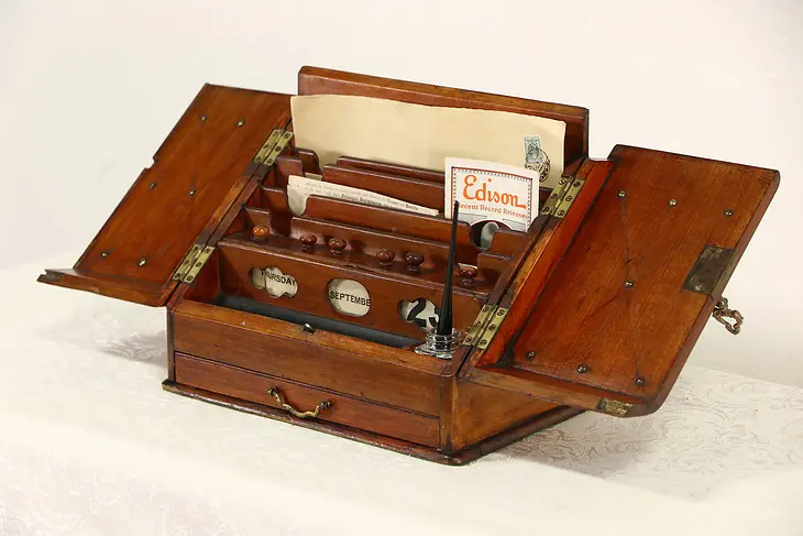 English 1890 Antique Cherry Desktop Organizer File, Perpetual Calendar