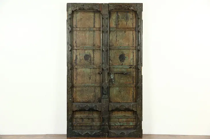 Pair of Dutch East Indies Antique Teak Doors, Iron Mounts, Salvage