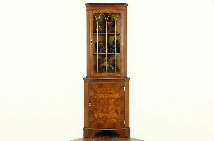 English 1940 Vintage Mahogany & Burl Corner Cabinet, Arched Glass Door