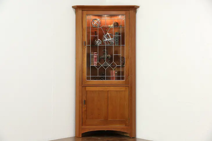 Cherry Corner Cupboard, Leaded Glass Door, Signed Stickley, 2008