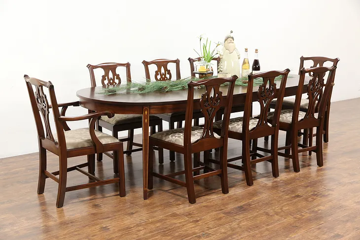 Traditional Mahogany Dining Set, Table 3 Leaves, 8 Chairs, Signed Henkel Harris