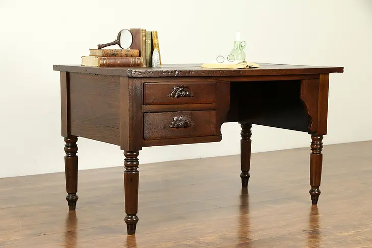 Victorian Antique Primitive Walnut Desk, Carved Pulls #31735