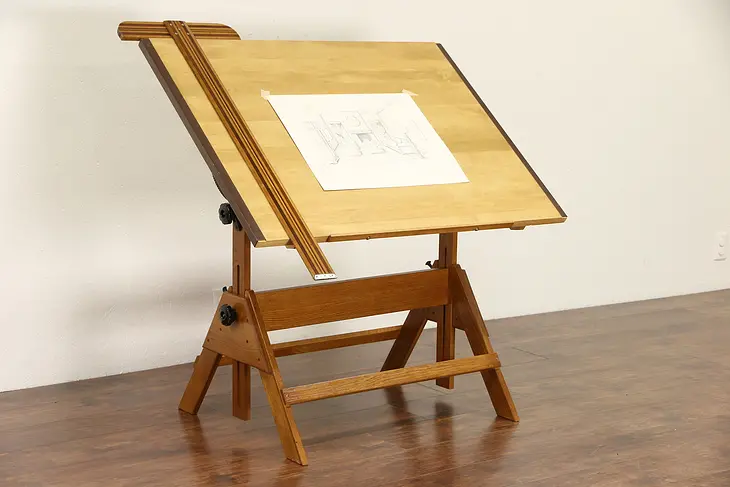 Drafting Table, 1992 Vintage Adjustable Drawing or Artist Desk, Wine Table