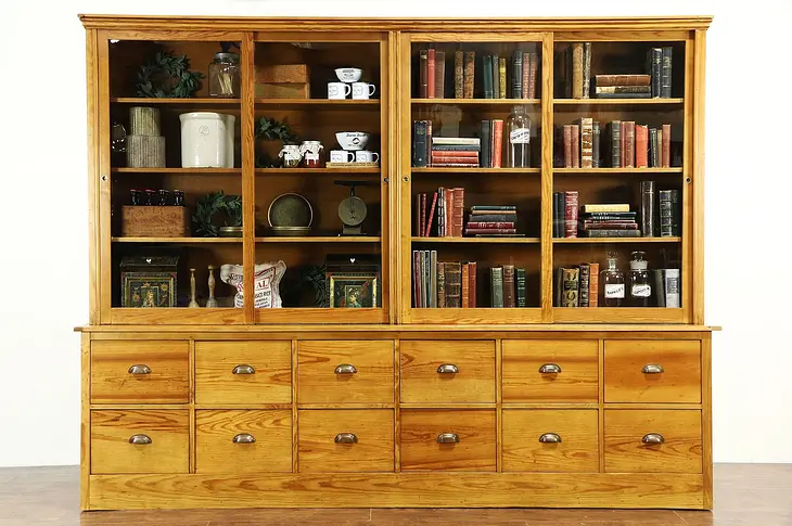 Country Pine Antique Store Display Cabinet Pantry Cupboard, Sliding Glass Doors