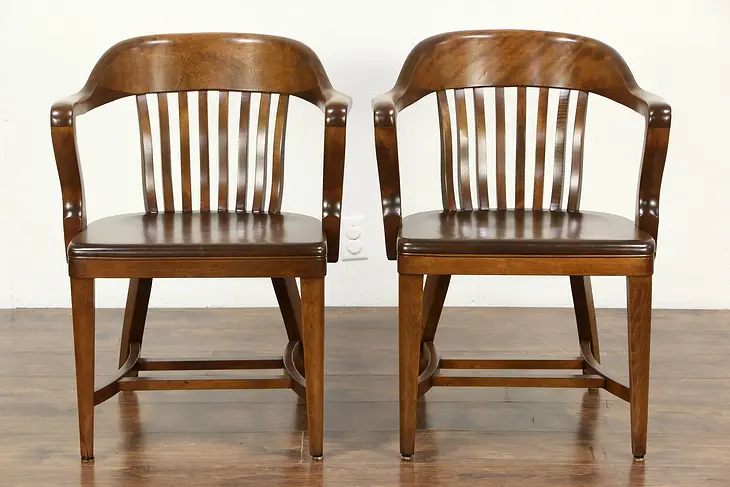 Pair 1920 Antique Curved Back Birch Banker, Office or Library Chairs