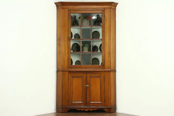 Corner Cupboard, 1840 Antique Poplar Cabinet, Wavy Glass Doors, Ohio