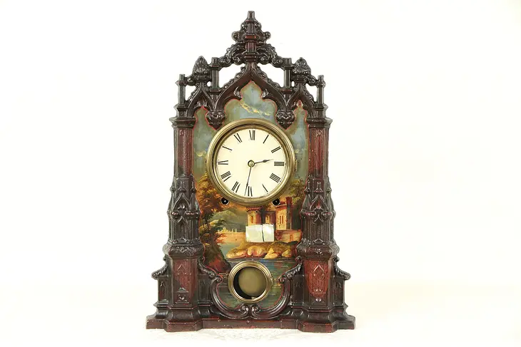 Victorian Gothic Antique 1856 Cast Iron Clock, Hand Painted, Pearl Inlay #29826