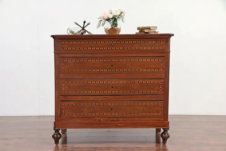 French Antique 1890 Elm Chest or Dresser, Inlaid Banding #30071