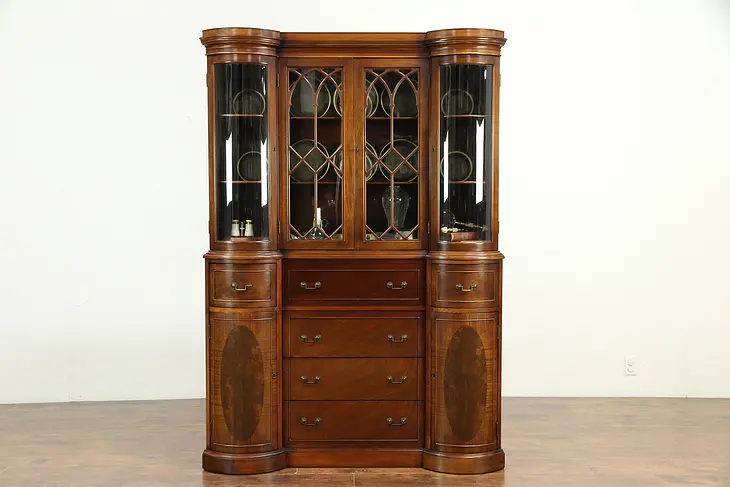 Maddox Mahogany Breakfront China Cabinet or Bookcase & Desk, Curved Glass #30188
